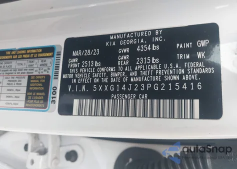 2023 Kia K5 Lxs из США, поврежденный, VIN 5XXG14J23PG215416